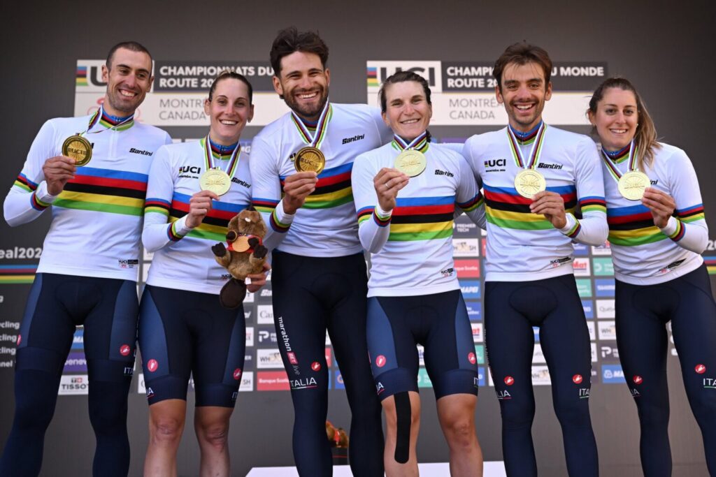UAE Team rider Borghini wins world mixed relay title with Italy
